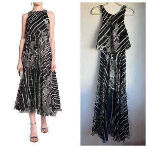 Halston Heritage Gray Floral Chiffon Midi Dress Spring 2016 RTW Collection Sz 4